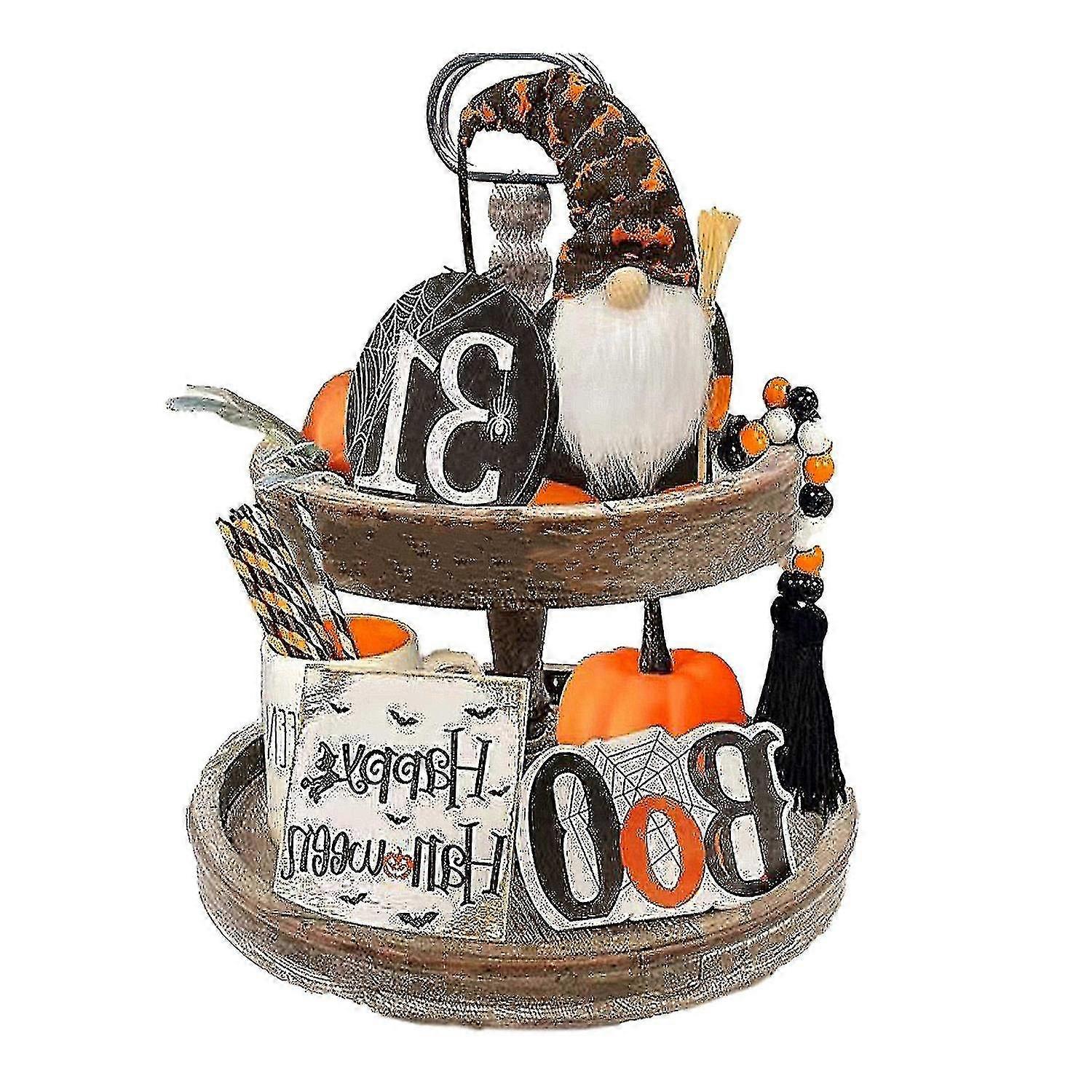6pcs / set Holz abgestufte Tablett Dekorationen Happy Halloween Zeichen Plüsch Puppe Perle