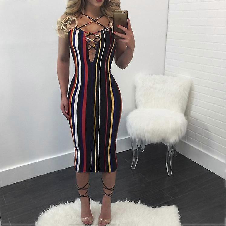 Sexy Coloré Vertical Stripe Strappy Bodycon Midi Robe de fête