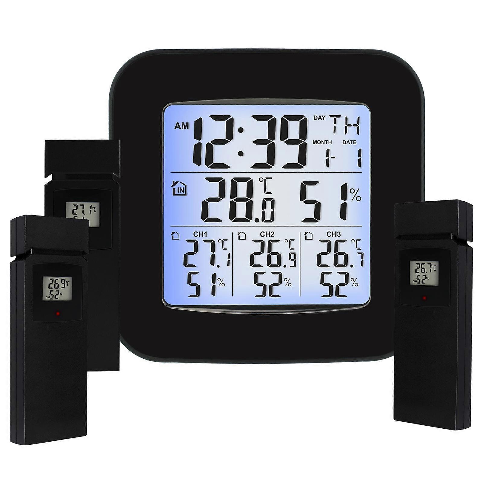 Digital Wireless Weather Station with 3 Sensors Indoor/Outdoor w/ Black LED LCD Display & Alarm Clock 4 Languages