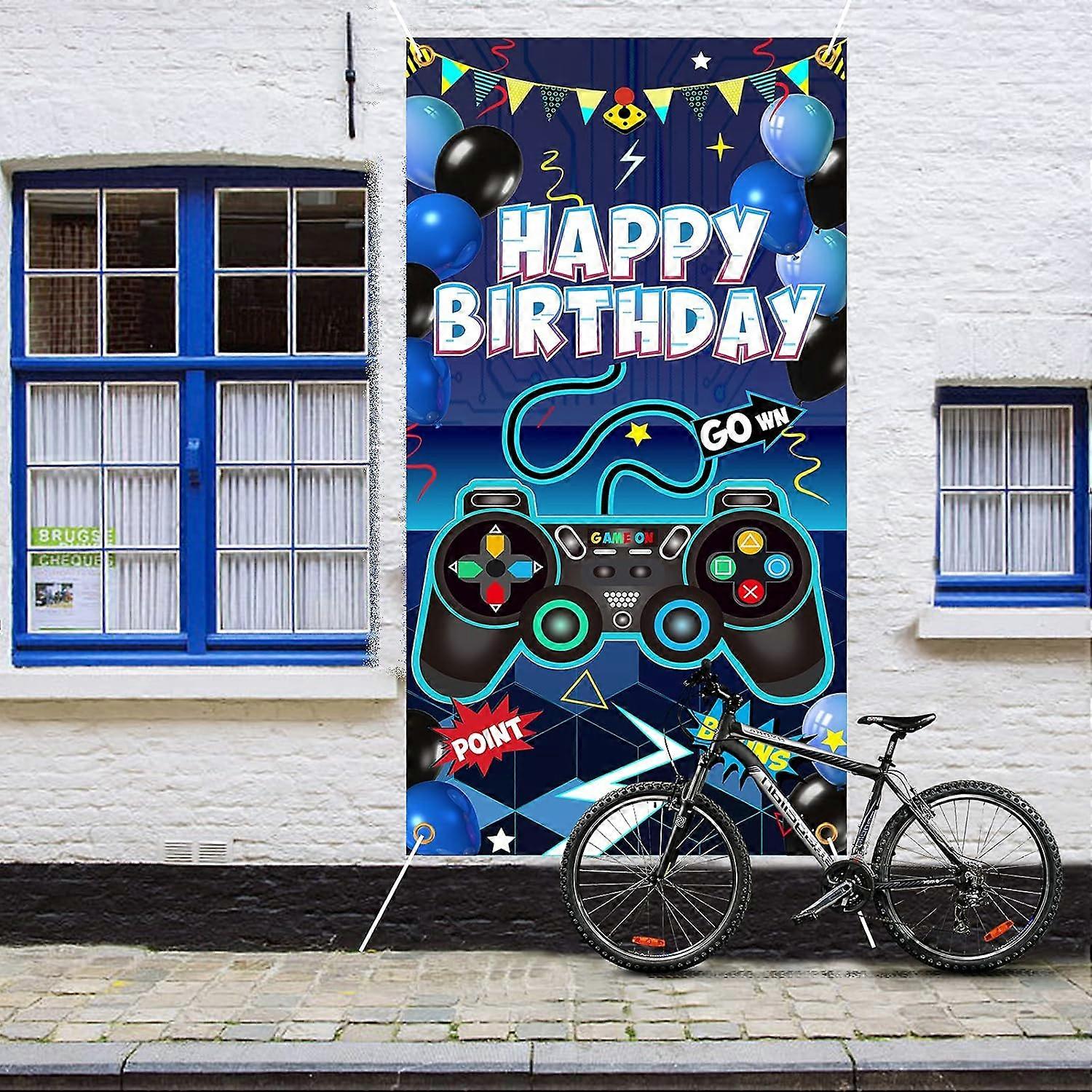 71x35 inch Video Game Background Birthday Banner with Hanging Rope Party Supplies Rectangle Polyester Hanging Sign with Gamepad Pattern for Outdoor & 