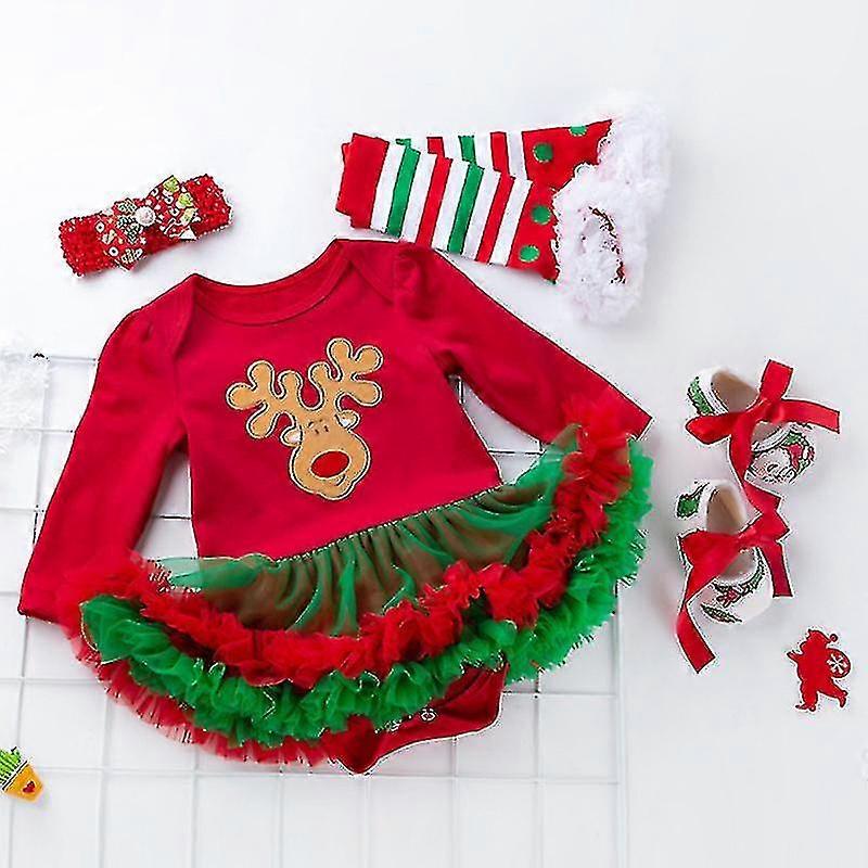 4pcs בייבי בנות שמלת חג המולד + גרביים + סרט ראש + נעליים תלבושות