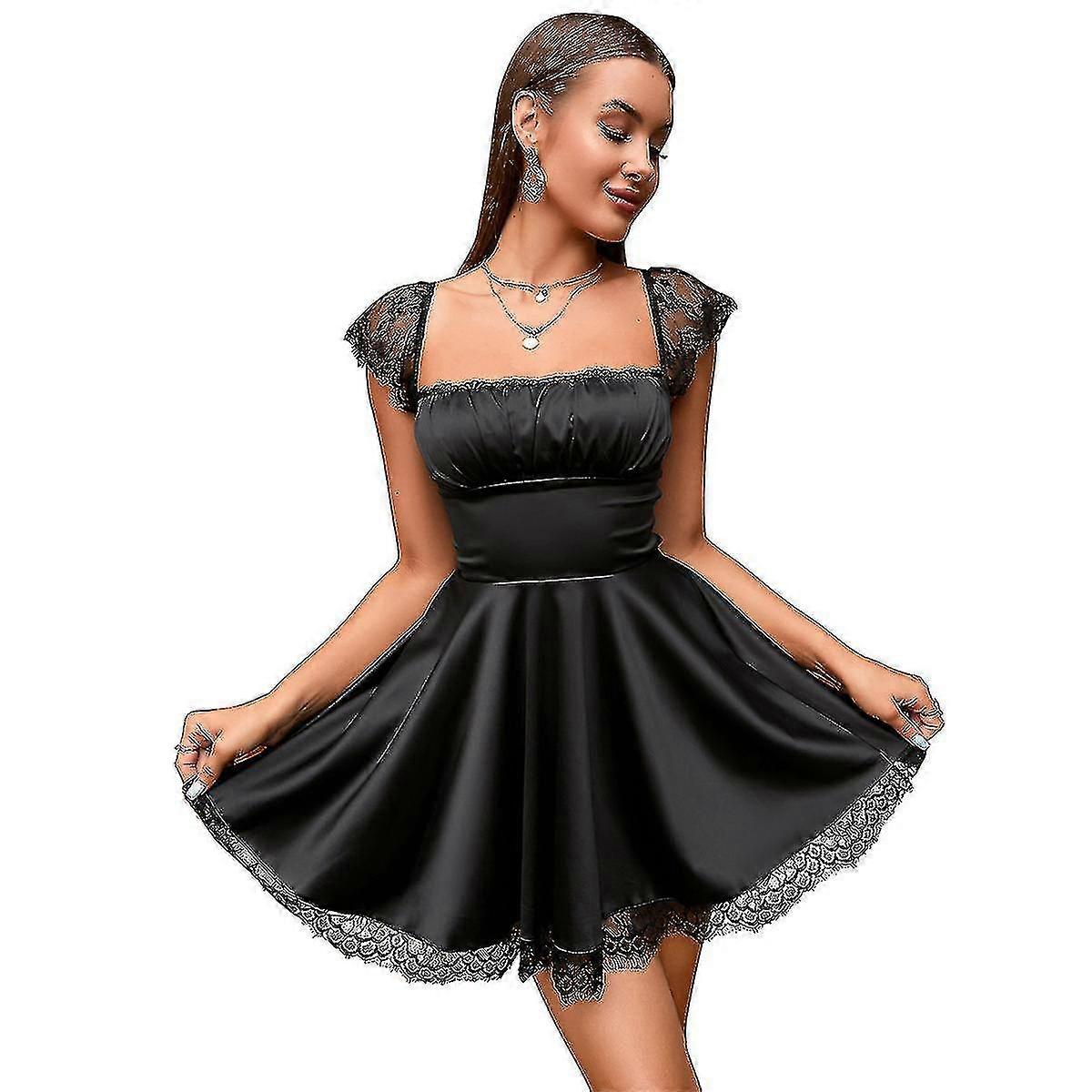 Kadın Saten Dantel Askılı A-line Fırfır Etek Ruched Sevimli Mini Elbise