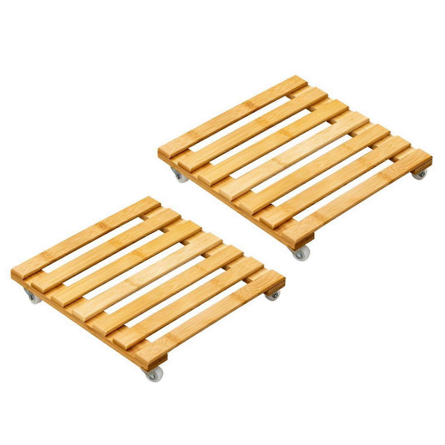 2x Bamboo Plant Stand With Wheels, Mobile Planter Roller