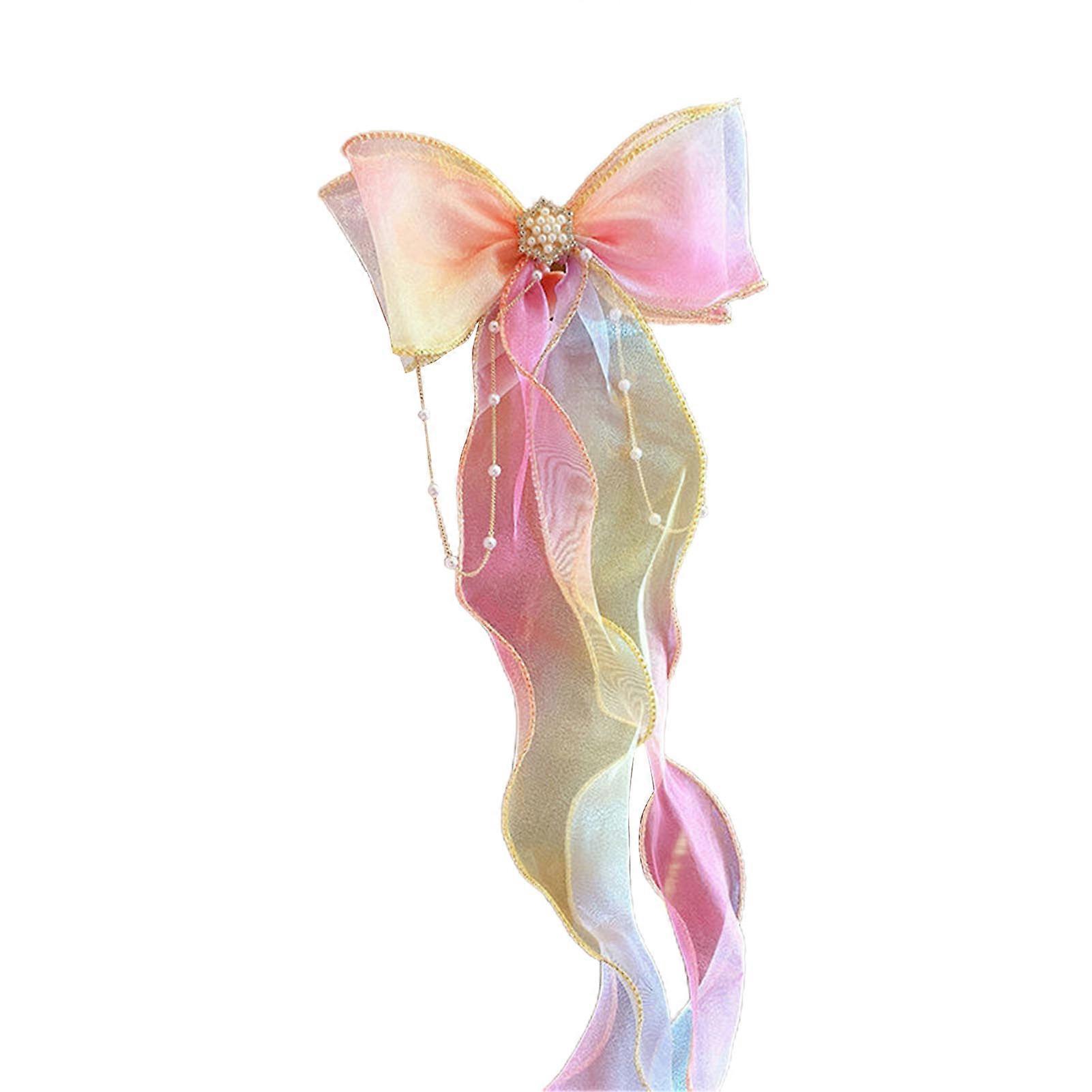 Hair Clip Colorful Bow Ribbon Girls Faux Pearls Gradient Hairpin for Halloween Qinhai