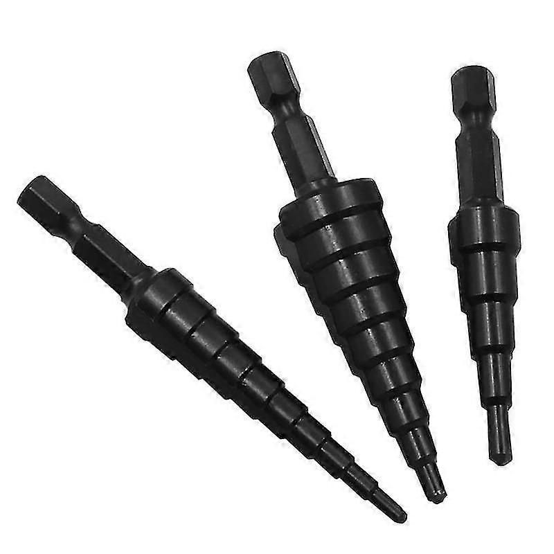 Hss Step Drill Bit Hex Shank Nitride Coated Straight Grooved Step Drilling Bits(black)3pcs)