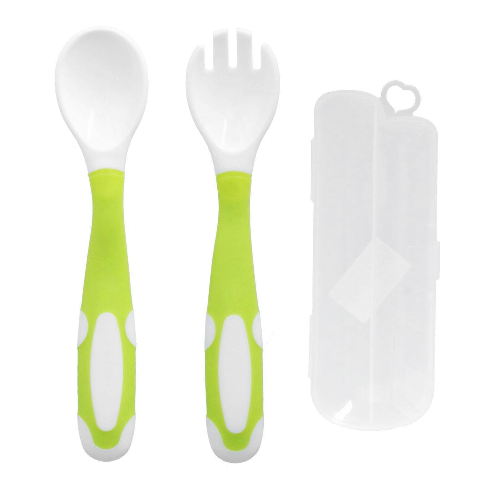 Baby Fork Spoon Set First Training Self Feeding Toddler Utensils Set Easy Grip Spoons ForksGreen