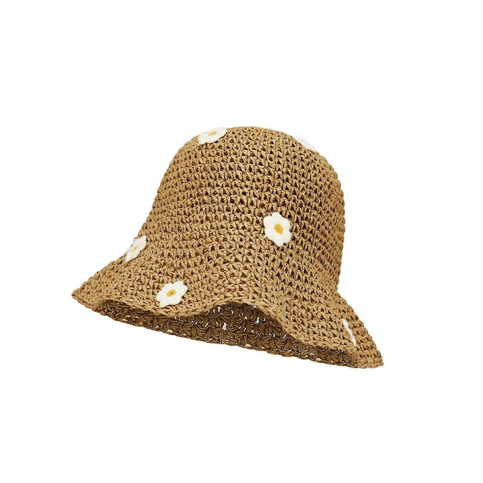 Women’s Foldable Straw Sun Hat - Khaki-White Floppy Bucket Design