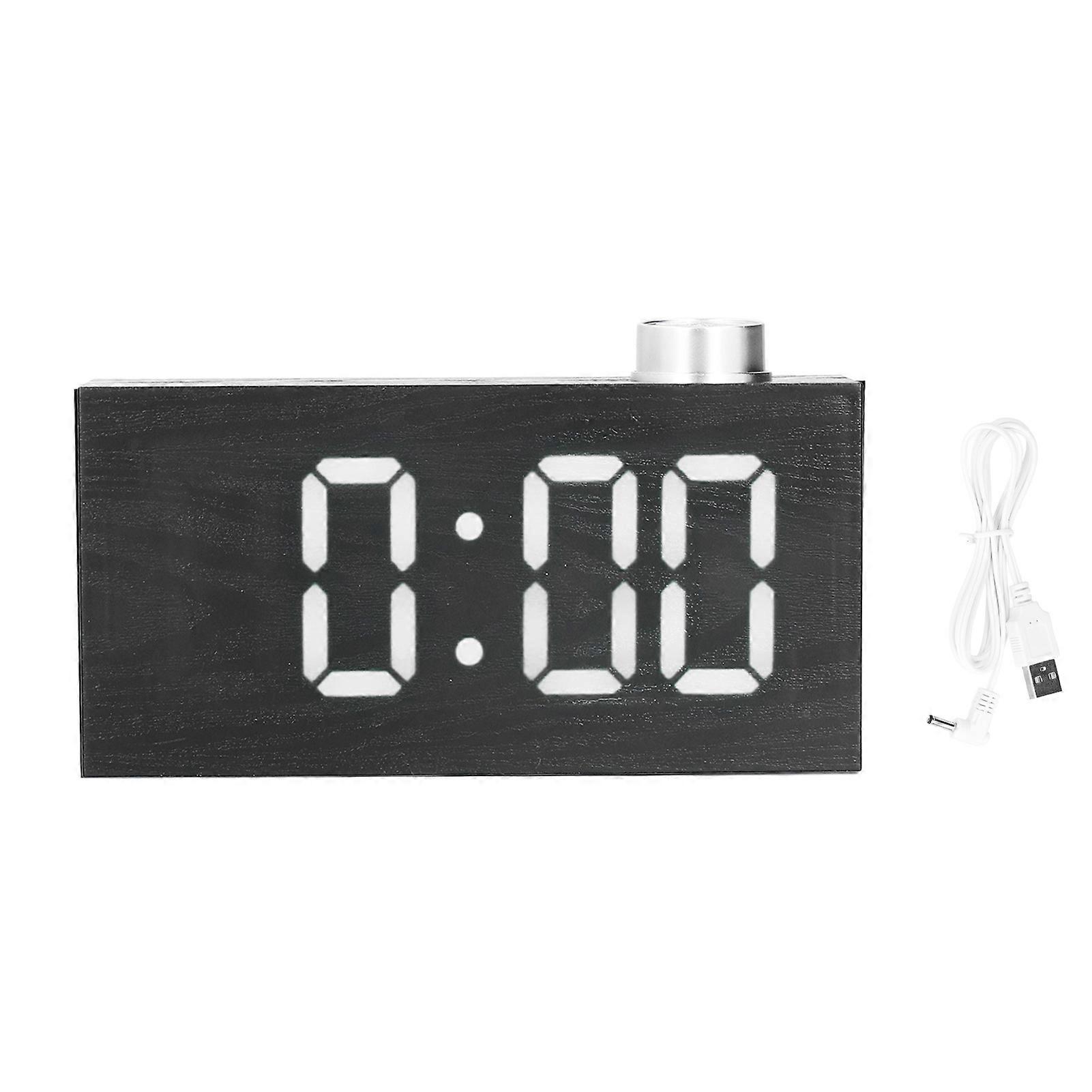 Digital Alarm Clock with LED Display and USB Charging, Imitation Wood Grain Desktop Thermometer, White Color