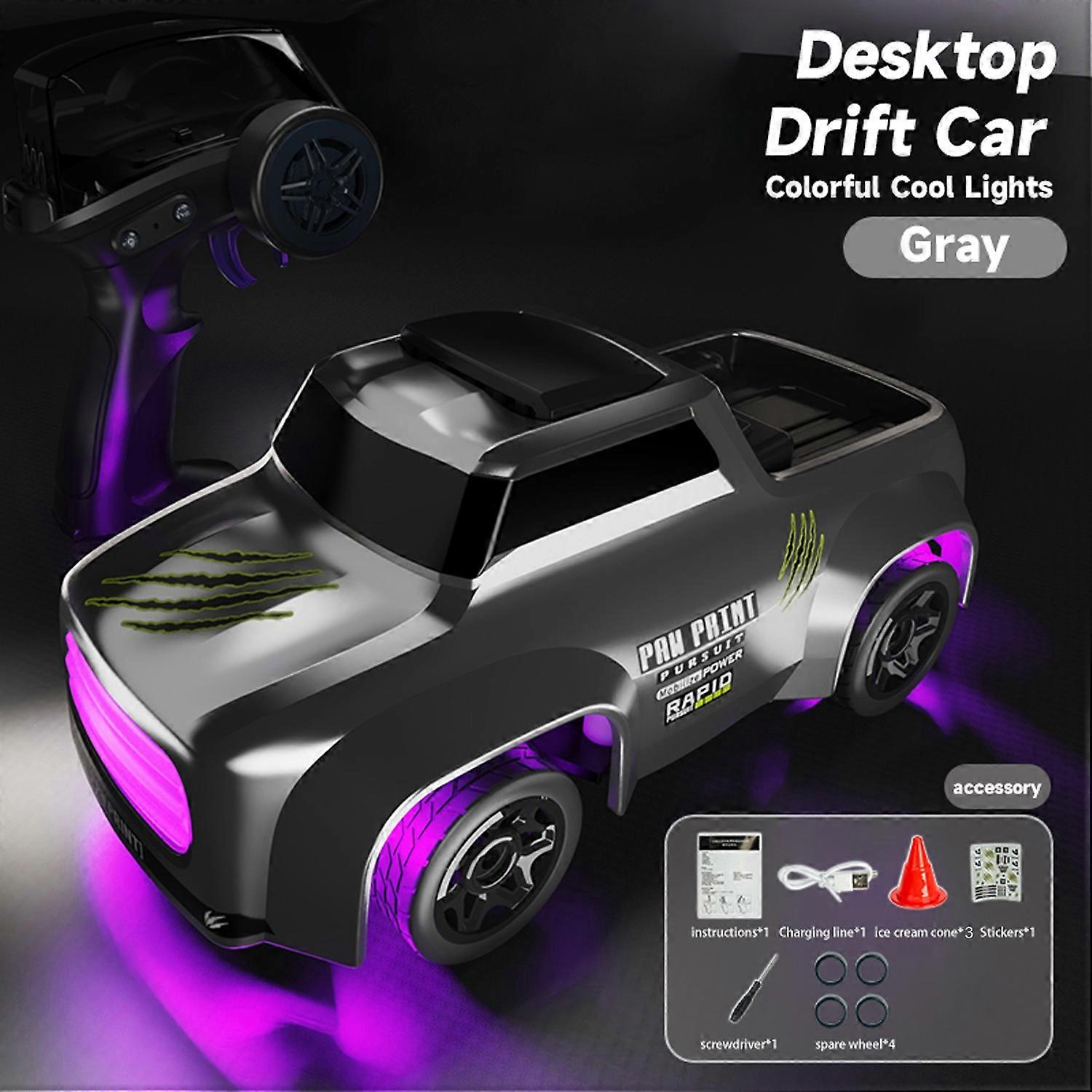 Mini Remote Control Car, 2.4GHz 1:64 Scale 4WD High Speed Drifting Pickup Truck with LED Lights, Rec