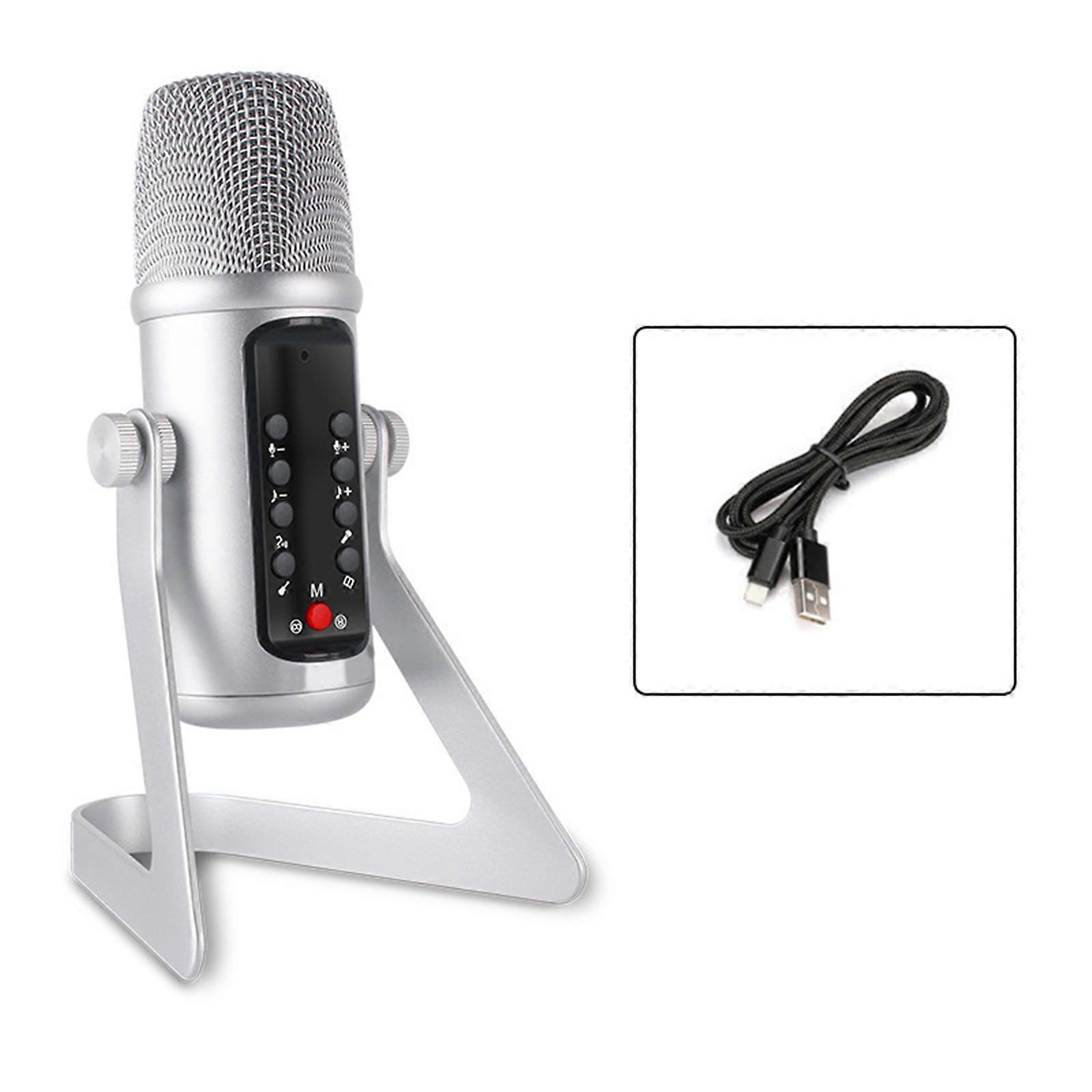 USB Condenser Microphone RGB High Sampling Rate Noise Reduction Monitoring Lossless Sound Quality Wired Mic with Desktop Stand for Gaming Silver