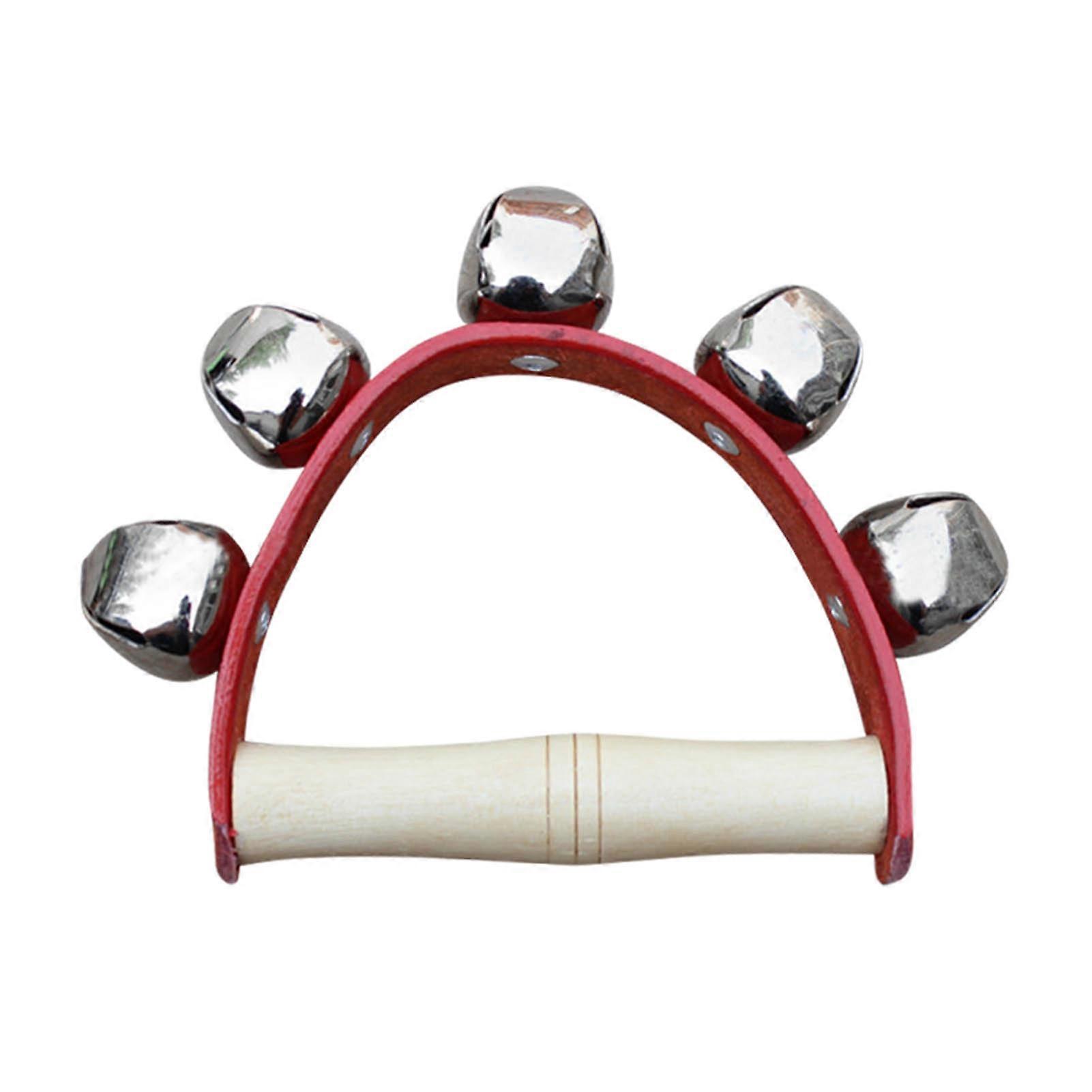 Wrist Shaking Bell 5 Bells Wooden Handle Handheld Sleigh Bell for Kindergarten Education Red