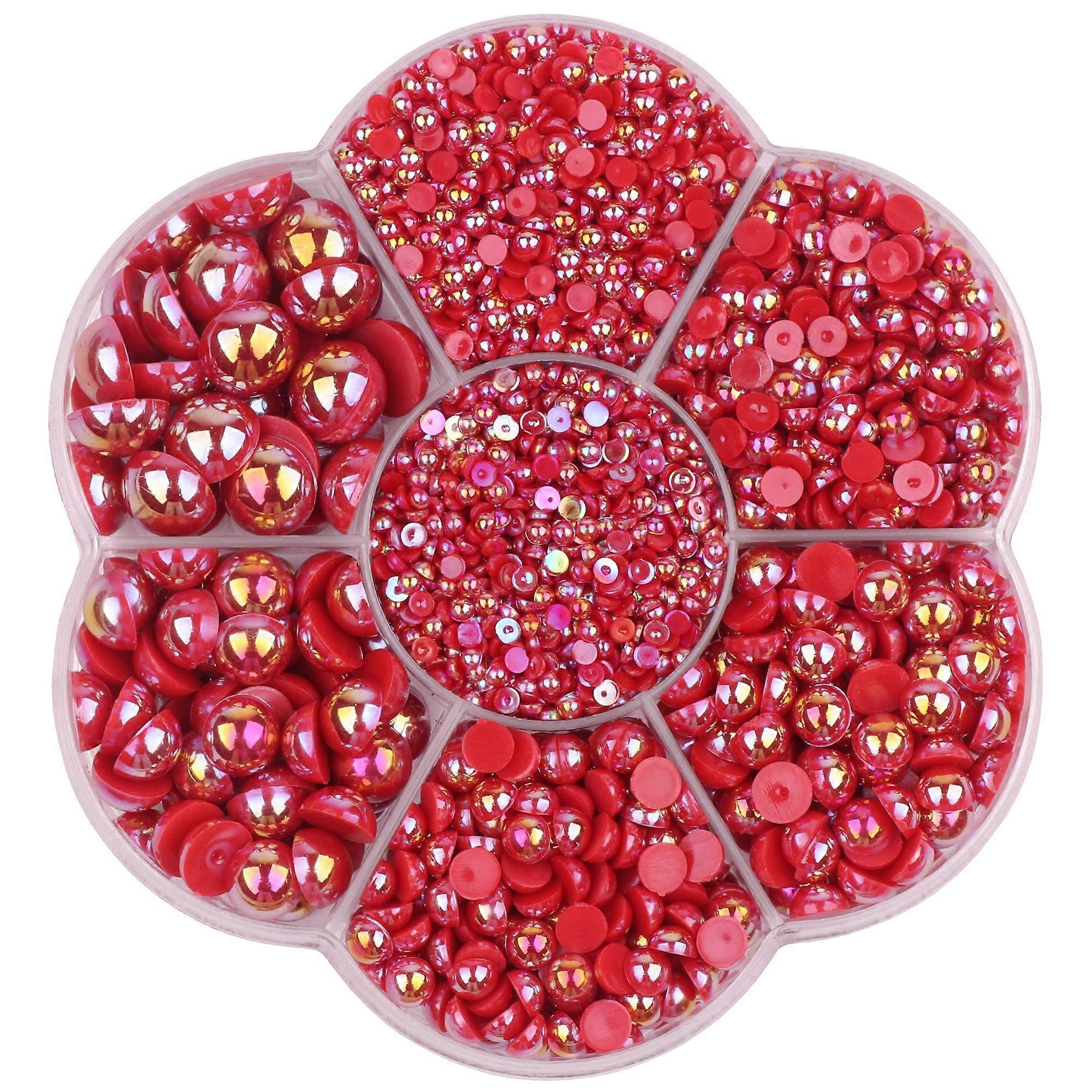 3000PCS Round Flatback Half Pearls Beads in 7 Sizes for Scrapbooking and Crafting, AB Bright Color, Red