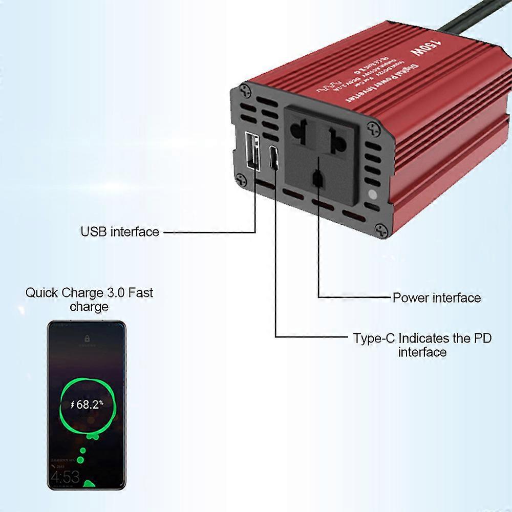 150W Power Inverter 12V to 220V AC Plug Adapter Cigarette Lighter, Outlet Converter with USB + Type-C Car Charger for Phone Laptop Computer