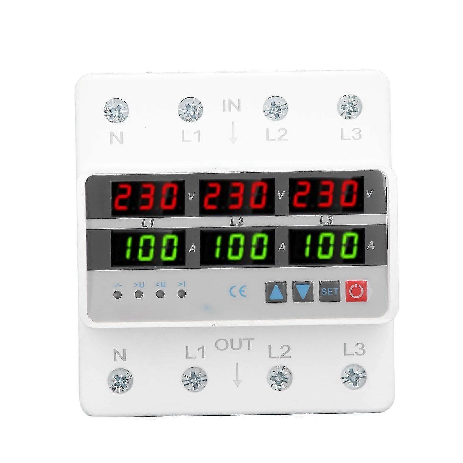 3 Phase DIN Rail Protective Device Over Under Voltage Current Limiting Self Resetting Protector AC220V 380V 100A