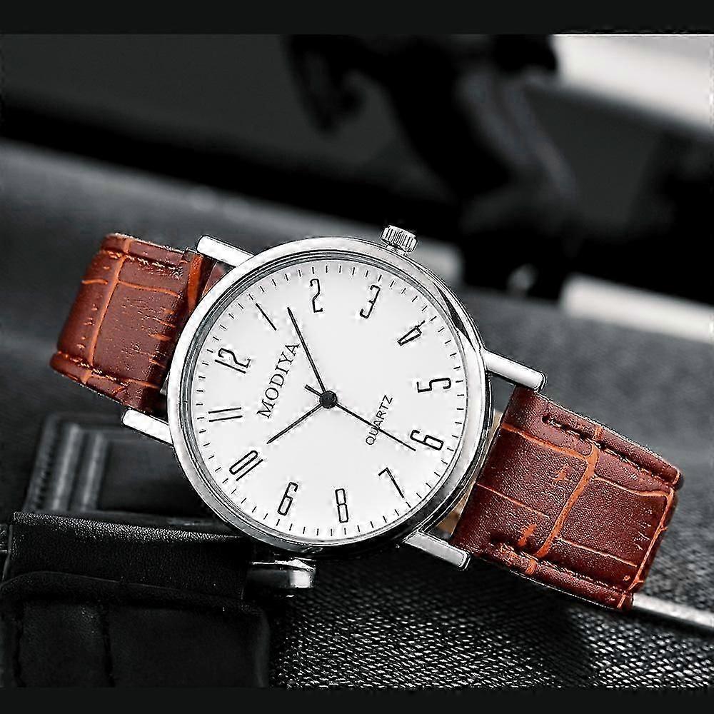RUO LIN DO Leather Strap Quartz Watch Numeric White Brown