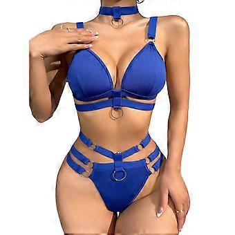 Women Sexy Intimate Panty Hollow Out Pyjamas Nightdress Push Up Bra Bodysuits Set Nightwear Belts Sleepwear 2-Piece Suit  Royal blue XL