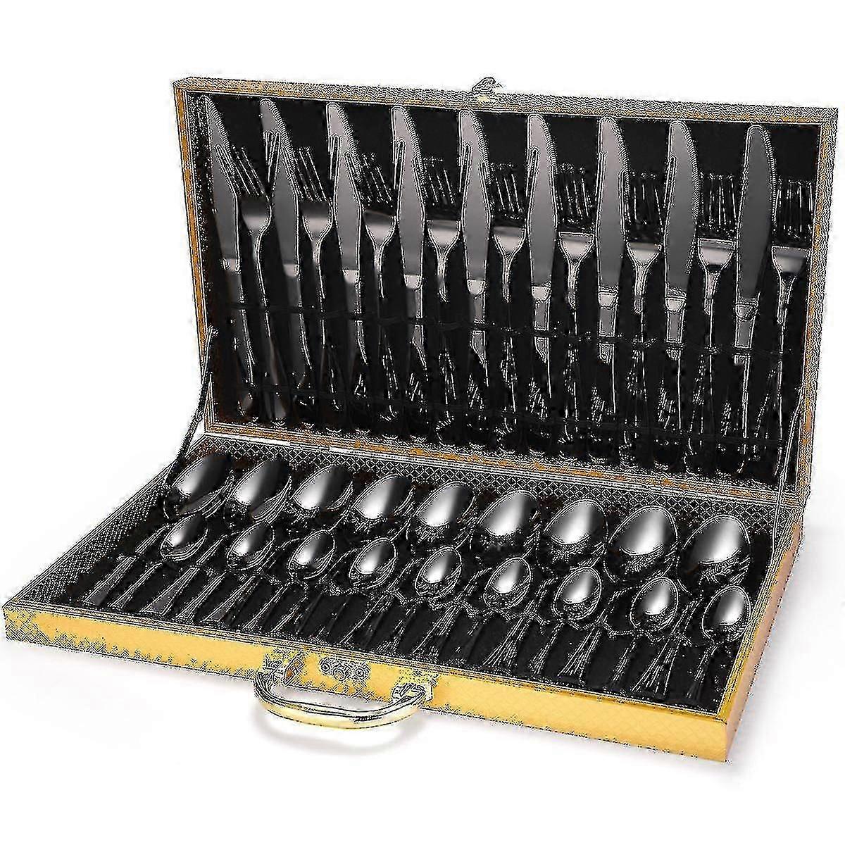 (black)36-piece Stainless Steel Flatware Set With Portable Storage Chest Box Tableware Set