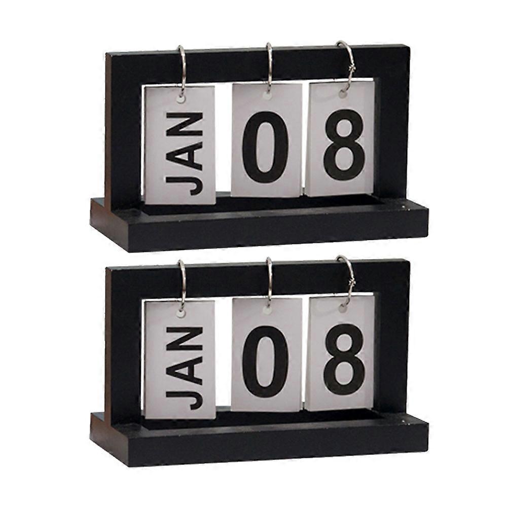 Perpetual Desk Calendar Ornament Wooden Page Turning Retro Design Square Black 2Pack