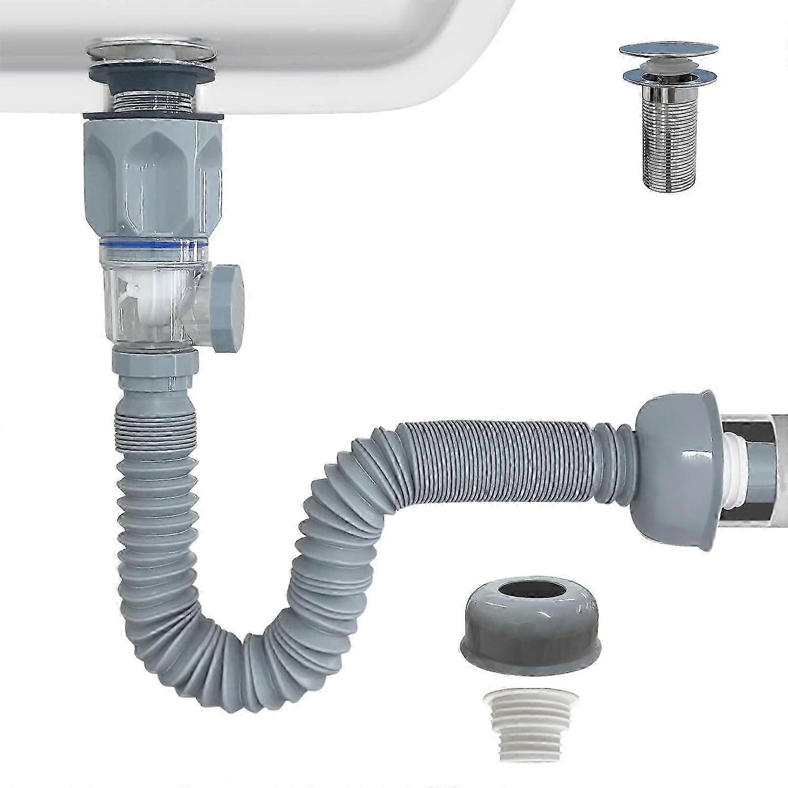 Flexible Expandable P-Trap Sink Drain Kit for 1-1/4 to 1-1/2 Drain Holes, Compatible with Various Bathroom Fixtures