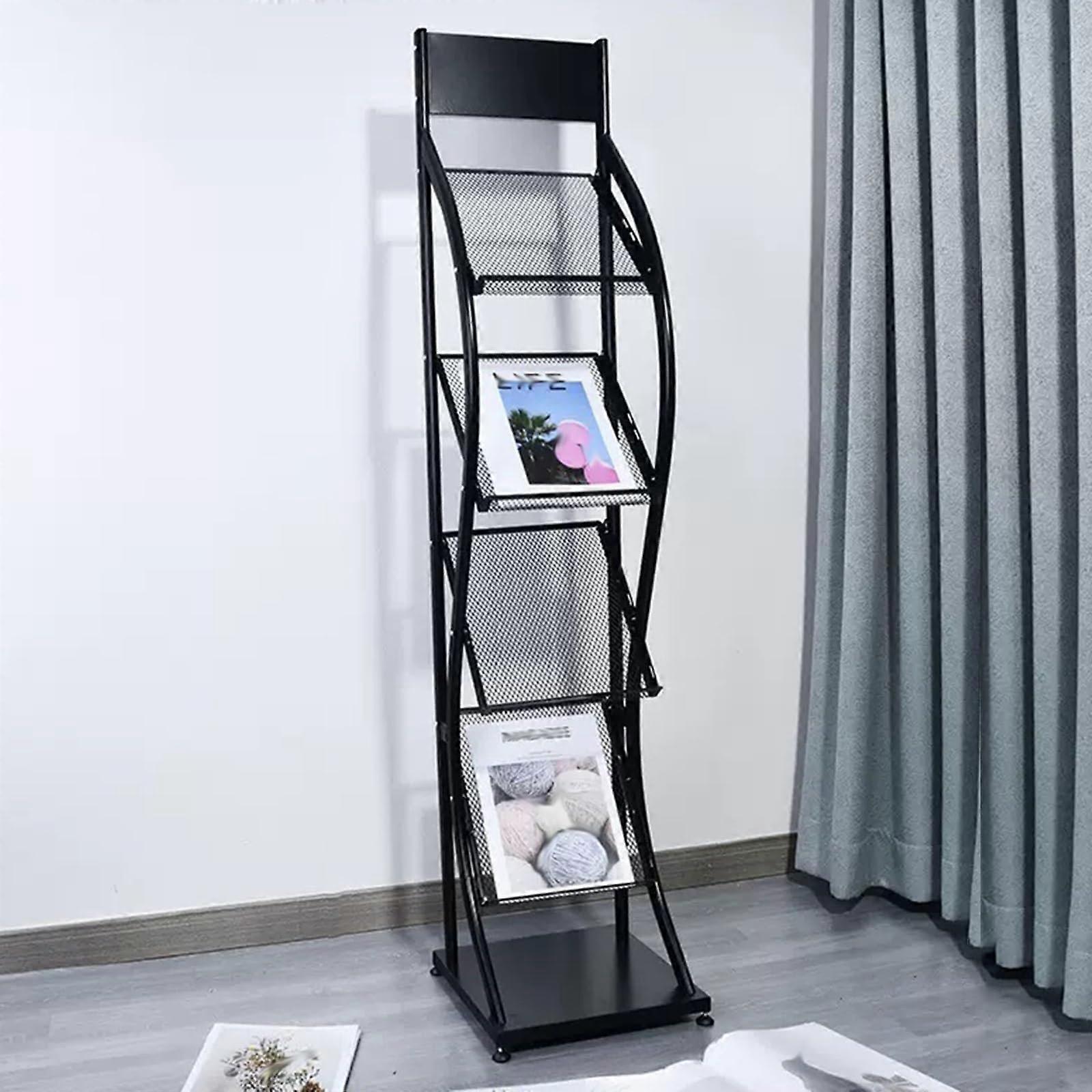 Freestanding metal magazine rack with 4 tiers, vertical brochure display shelf (black)