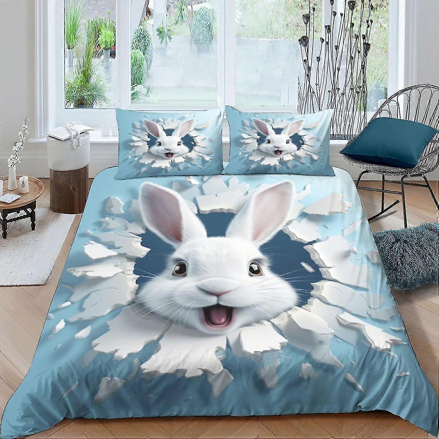 Trendy Rabbit 3D Print Bedding Sets with Pillow Cases, Soft Microfiber Duvet Cover Sets, Cool Art Quilt Cover with Zipper