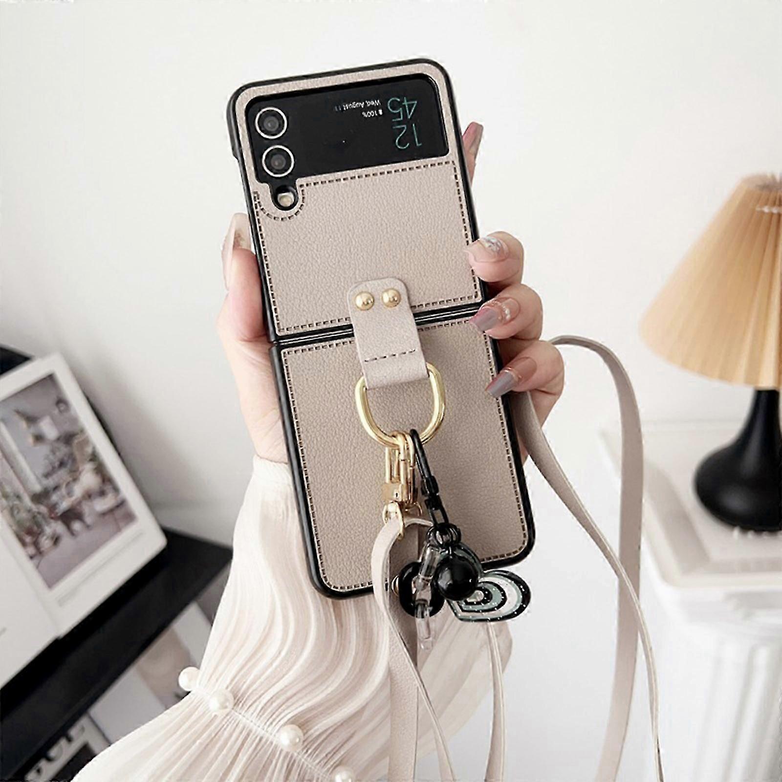 Z Flip 5 Leather Case with Ring Stand, Removable Lanyard Strap Leather Protector Case for Z Flip 5 2023