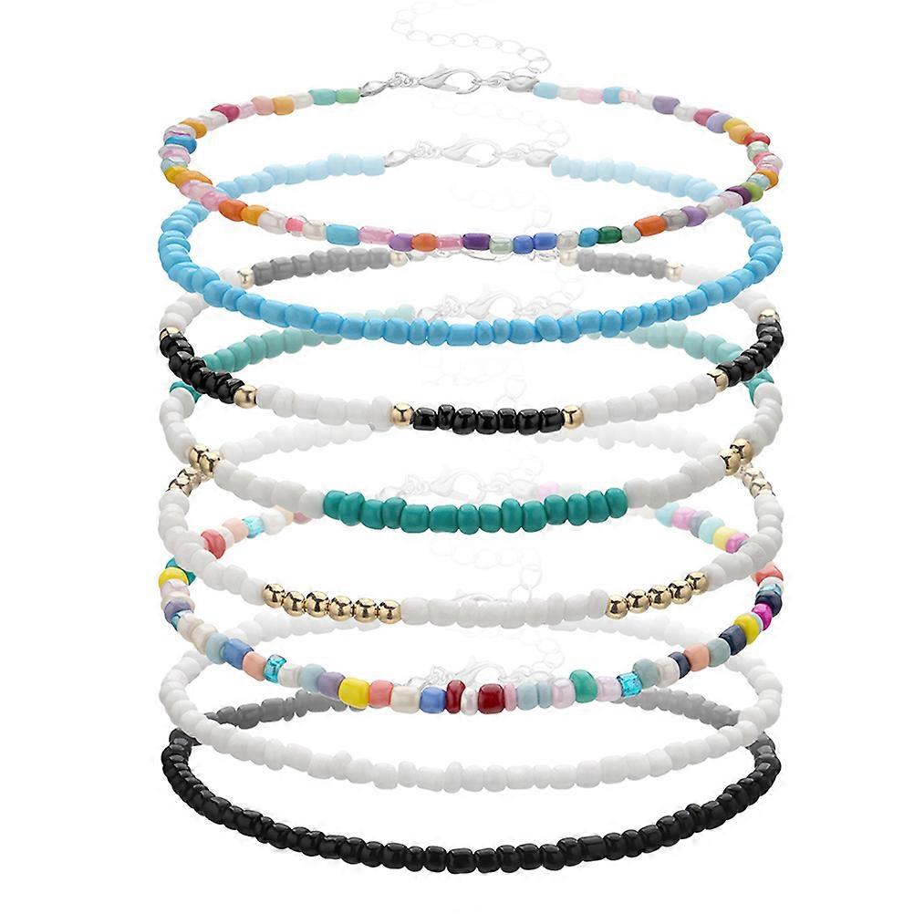 8pcs Colorful Bead Anklets Adjustable Charm Bracelets for Beach Party and Summer Decor