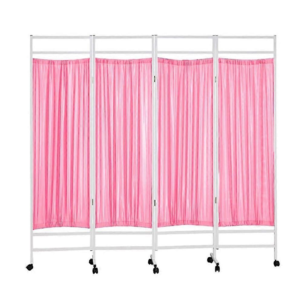 Rollable Hospital Privacy Screen On Wheels, Silent Portable Foldable Room Divider For Waiting Rooms, Iron Frame Pink