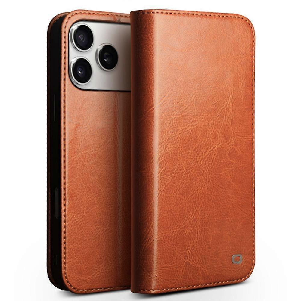 QIALINO For iPhone 17 Pro Max Case Wallet Stand Genuine Cow Leather Phone Cover - Light Brown