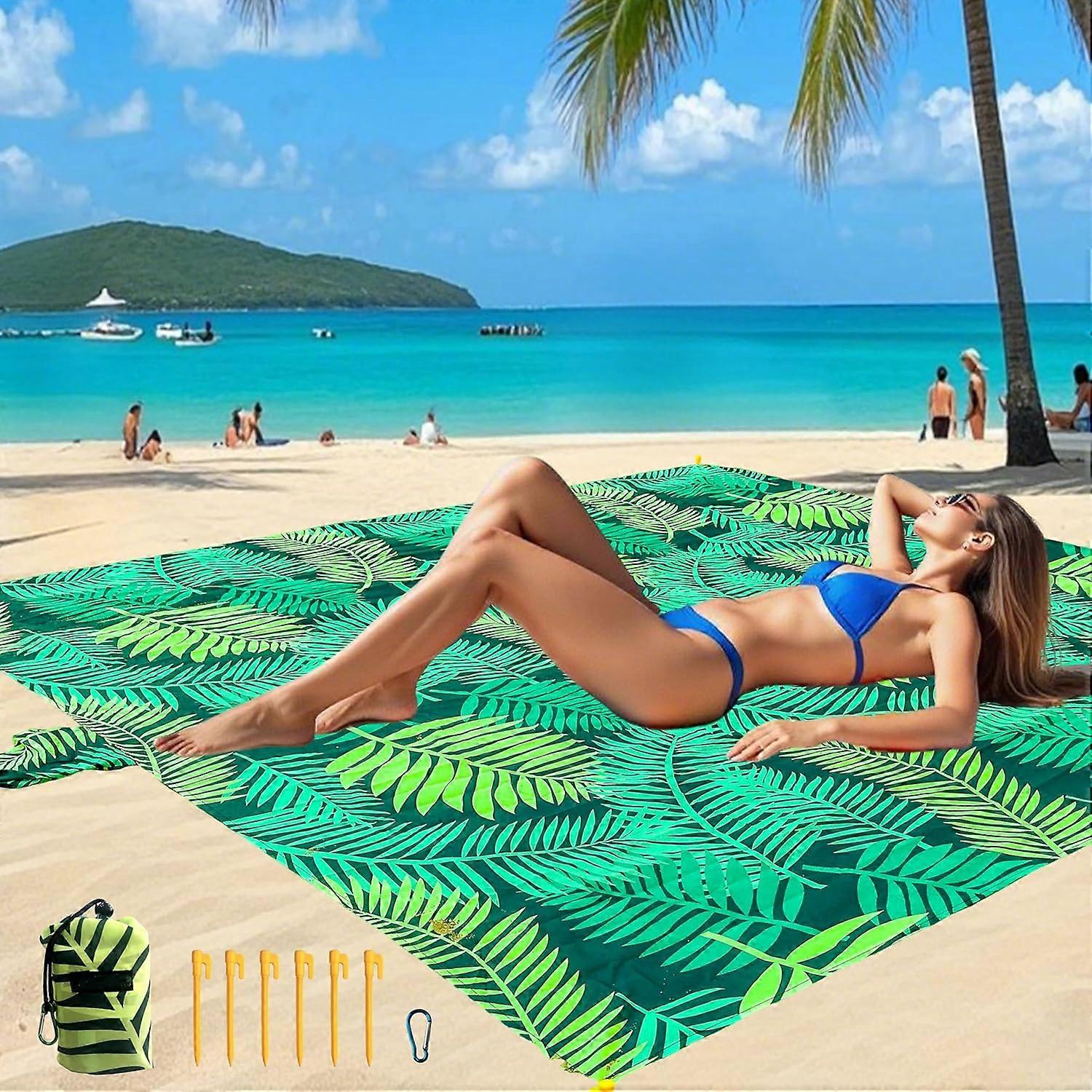 Sandproof & Waterproof Beach Blanket - 79in*79in Extra Large Lightweight Mat with Accessories for Hiking Picnic & Camping (Leaves Pattern)