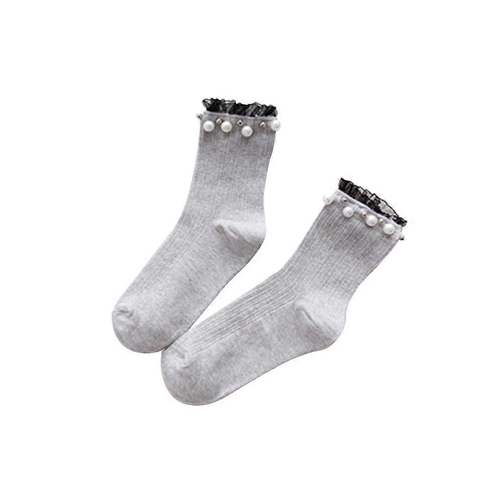 1 Pair Medium Tube Cotton Stocking Japanese Lace Pearl Socks Pile Socks for Lady Student Girl Light Grey