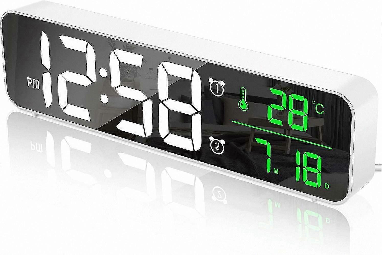 Large LED Digital Alarm Clock with Mirror Display, Date, Temperature, Dual Alarms, 40 Melodies, Adjustable Brightness, White Finish