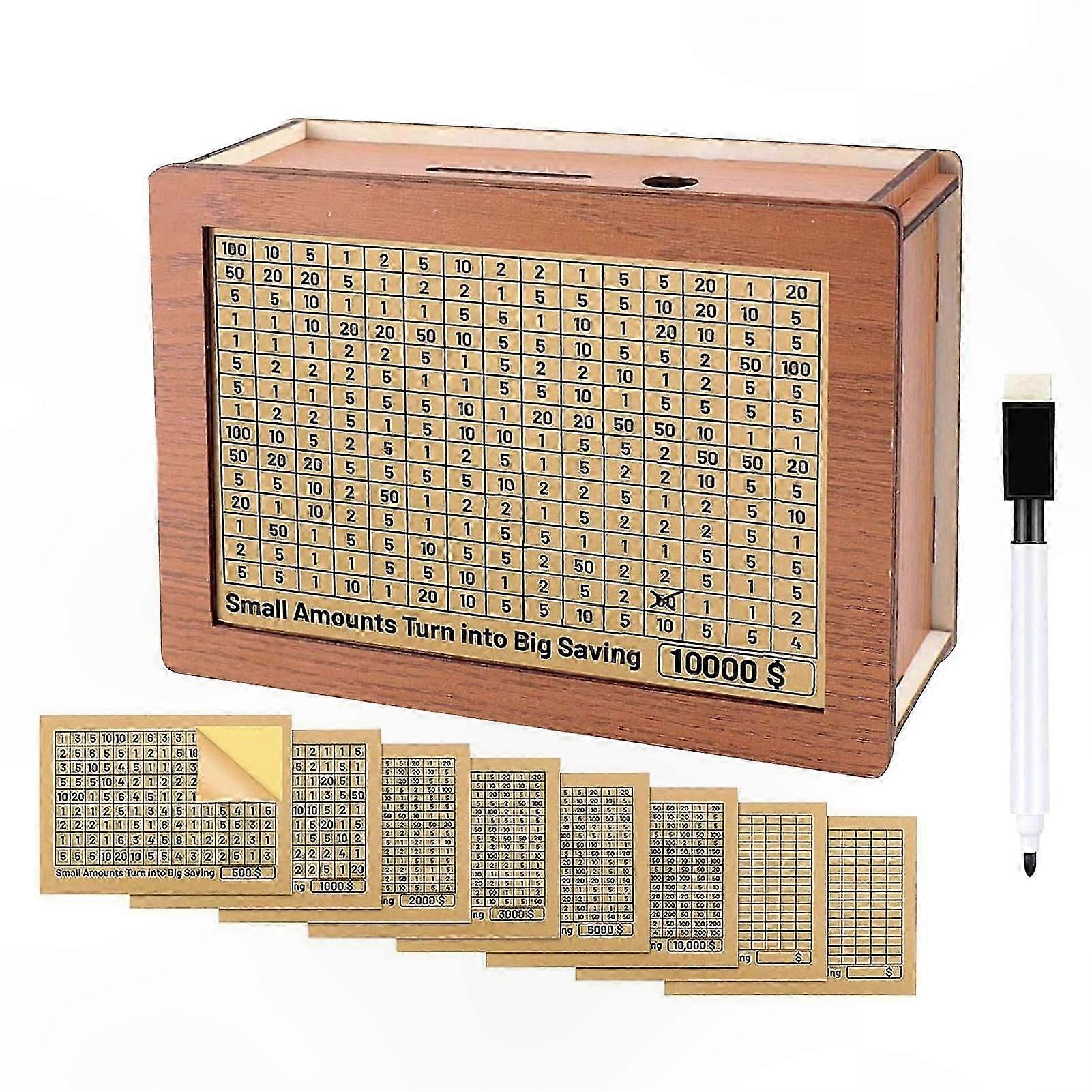 Wooden Coin Bank with Number Stickers and Marker Pen for Saving Challenges