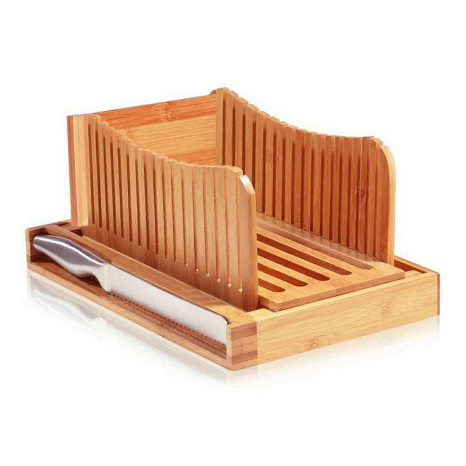 Bamboo Bread Slicer, 3Slice Thickness, Foldable, Compact Cutting Guide with Crumb Tray for Homemade Bread, Cake, Bagels, 5x13x7 Inches, Natural