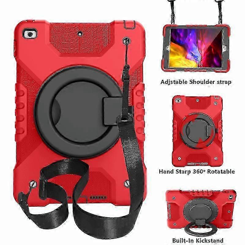 2025 For Ipad 10.2 2021 / 2020 / 2019 Pc + Silicone Shockproof Combination Case With 360 Degree Rotating Holder & Handle & Shoulder Strap(red+black)