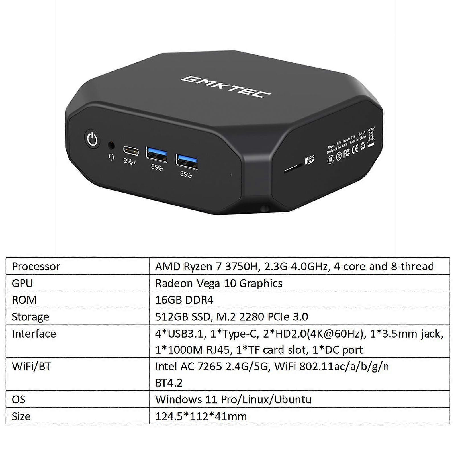 GMK NucBox KB4 Mini PC AMD Ryzen 7 3750H Processor Radeon Vega 10 Graphics GPU 16GB+512GB Memory Multiple Ports EU Plug