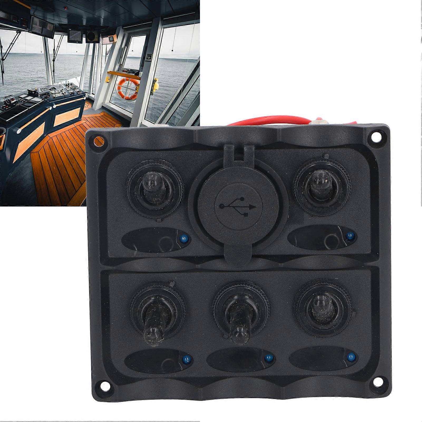 Rocker Switch Panel 2 USB Port 5 Gang Rocker Switch Panel Marine Switch Panel with Waterproof Switch Fuse for Yachts Speedboats DC12V to 24V 