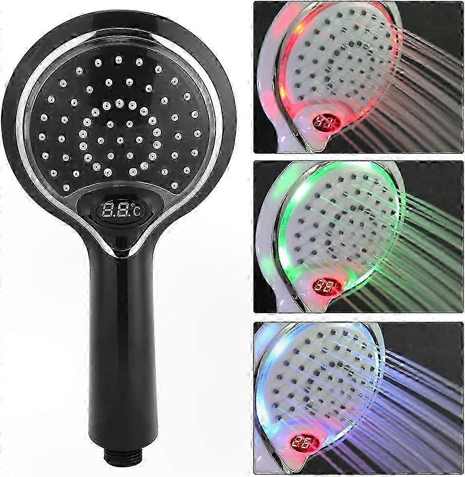LED Shower Head with 3 Colors and Temperature Control - Black