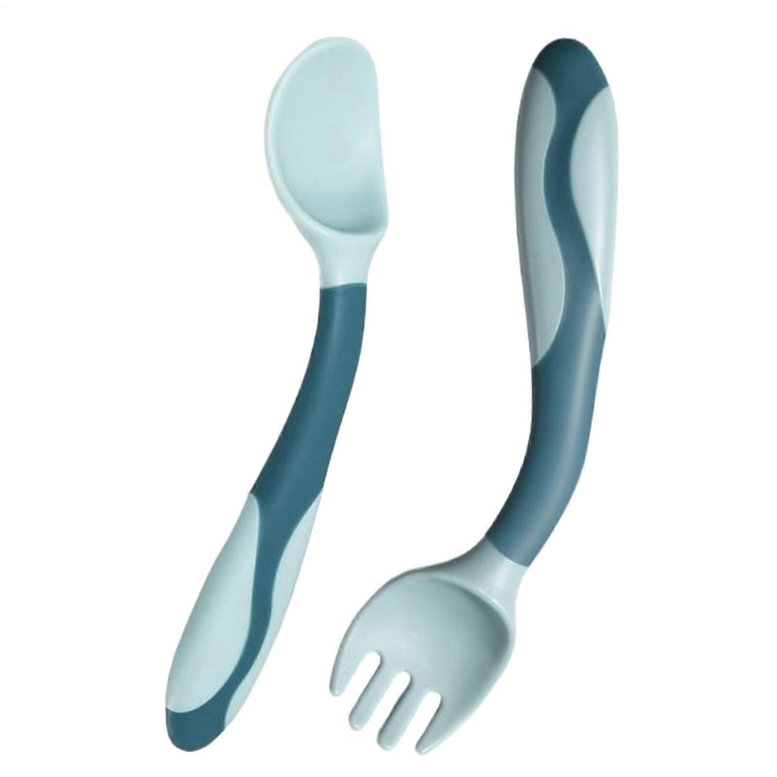Baby Spoon Fork Set Curved Bendable First Stage Baby Spoon Ergonomic Grip Learning Utensils Weaning Flatware Blue