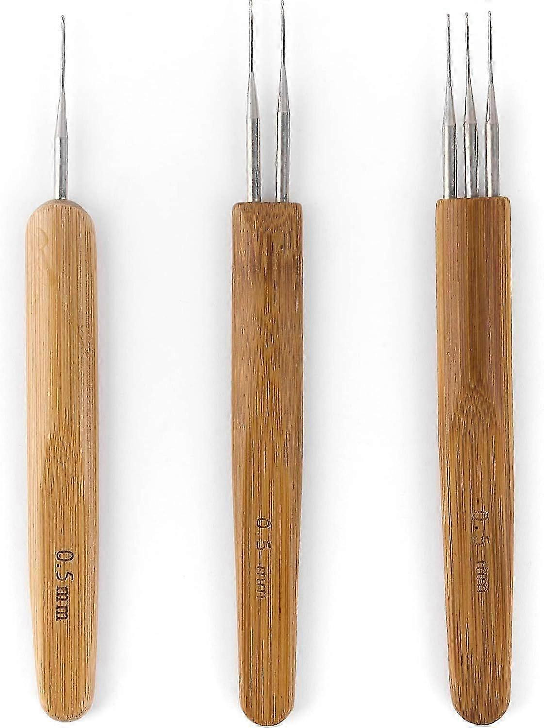 Dreadlocks Crochet Hooks for Hair 3Pcs (1 Hook+2 Hooks+3 Hooks) Bamboo Handle Locs Crochet Needle Steel Crochet Hook Lock for Braid Craft,0.5mm