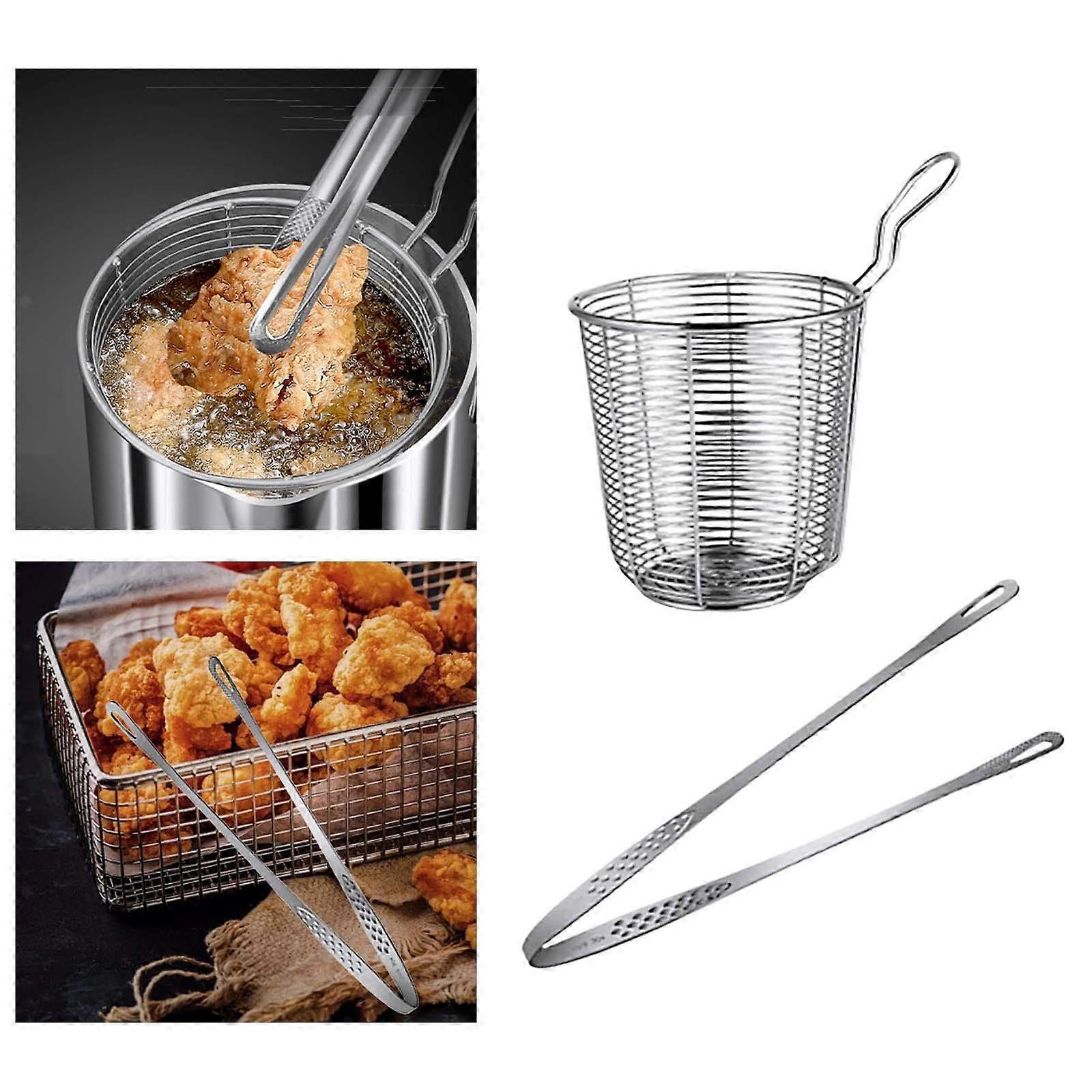 Fry Baskets with Handle Baking Tongs Container Round Stainless Steel Nets Filter