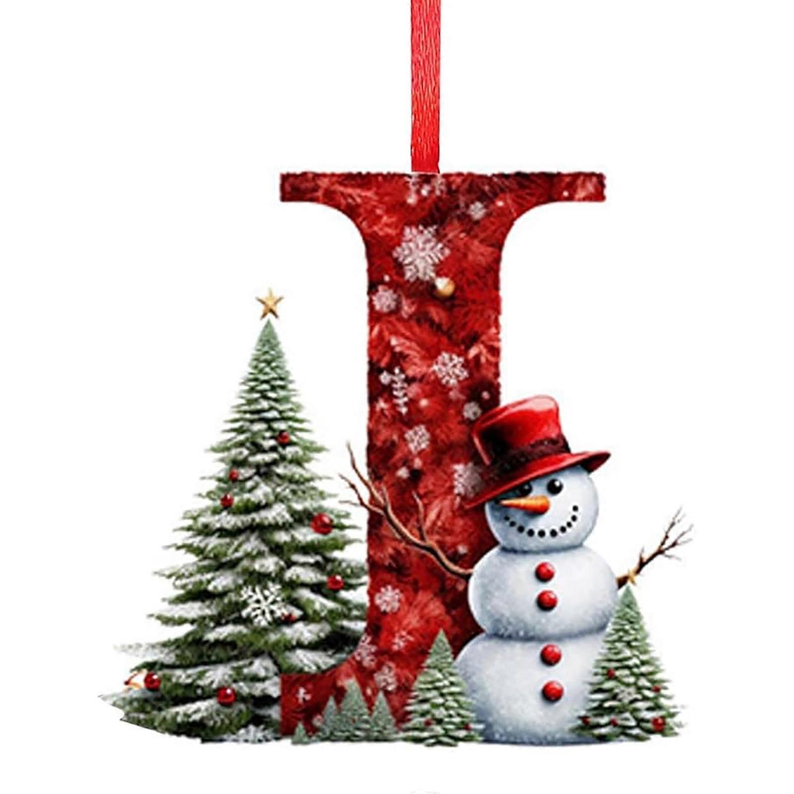 XUNRYAN 26 Letters Christmas Tree Snowman Alphabet Ornaments Initial Letter Pendant with Pine Pattern Mini Hanging Decor (I)