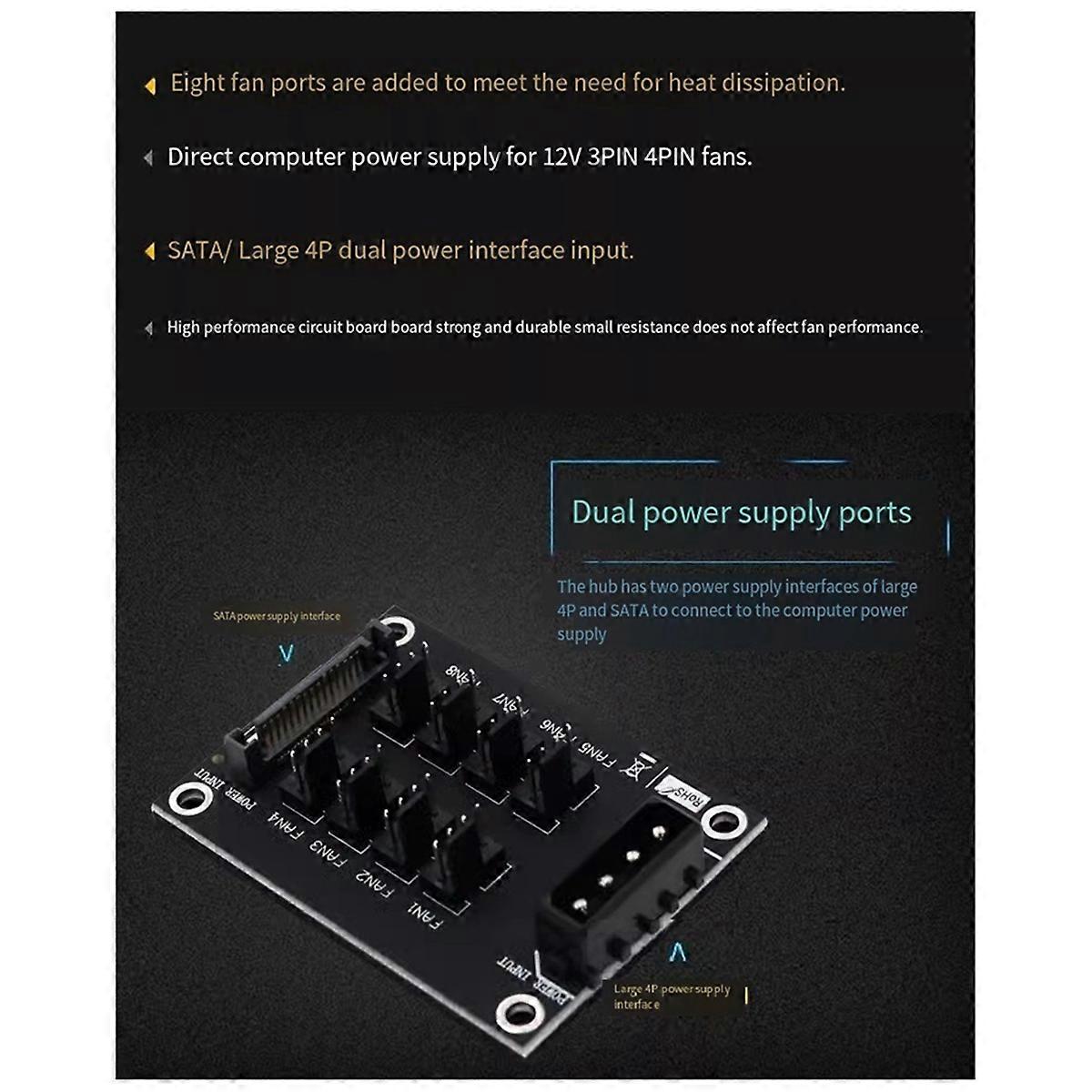 Universal 12V Computer Chassis Fan Hub Expansion Card 8-Port HUB