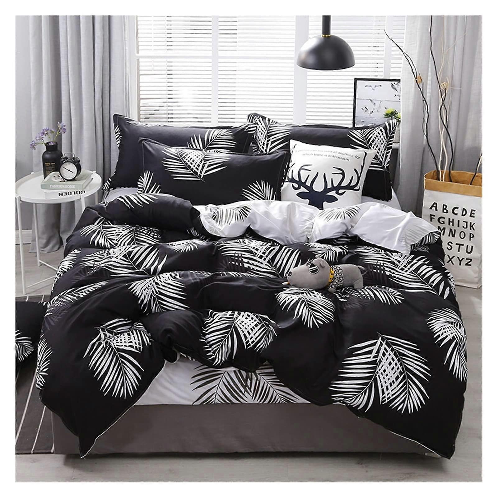 Duvet Cover Set 3/4Piece Palm Leaf Print Microfiber, Zipper Closure, Includes Pillowcase, 1.22.2m, Black