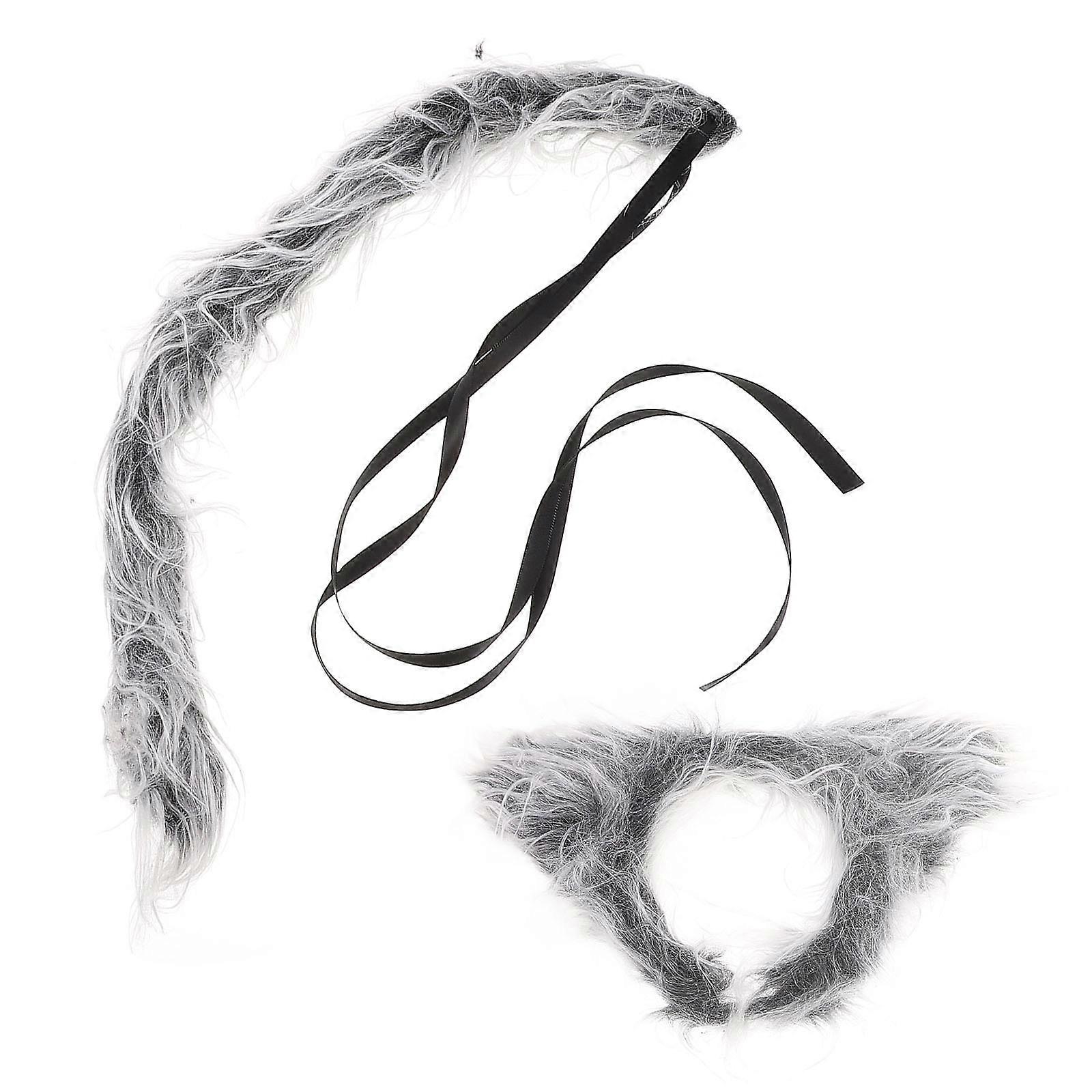 Plush Furry Cat Ears Headband and Tail Set for Party 3Sets Grey Color