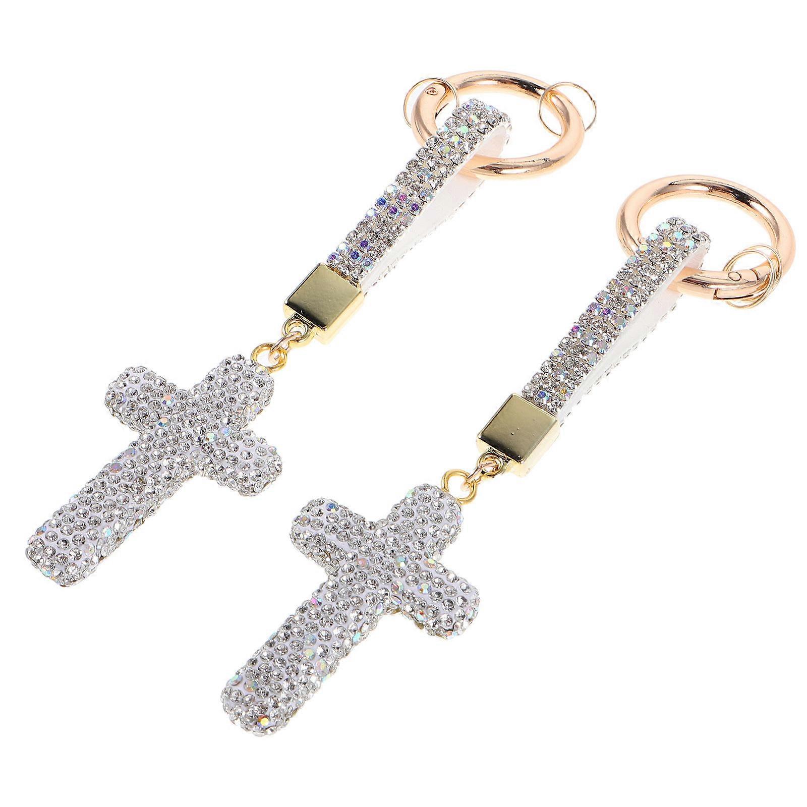 Car Keychain Rhinestone Cross for Religious Blessing 8Pcs Keyring