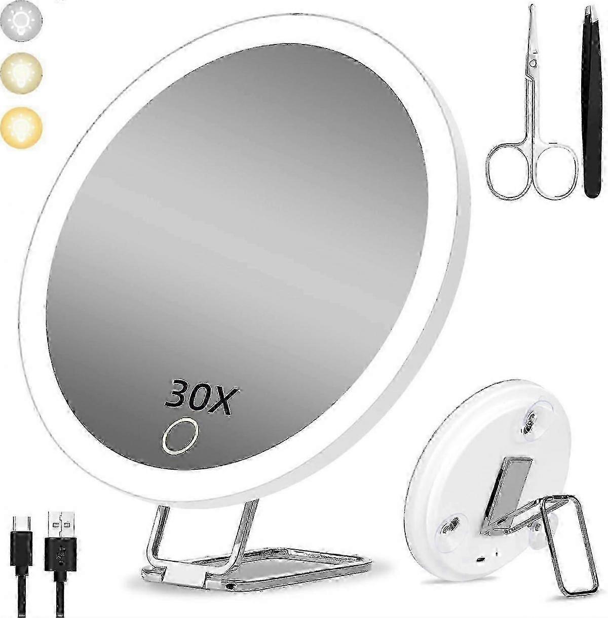 30X Magnifying Mirror with Light, 15cm 3 Color Modes Dimming, with 3 Suction Cups and 360 Table Stand