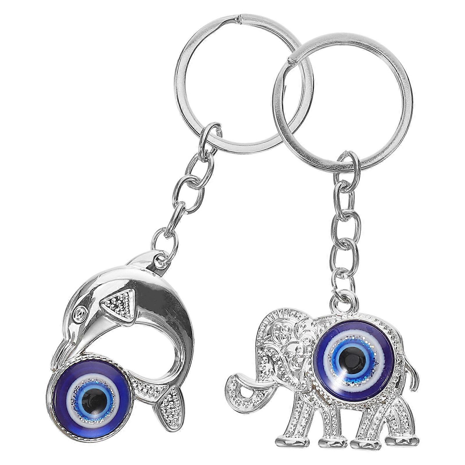 Evil Eye Decor Elephant and Dolphin Key Chain Hanging Charm 4Pcs