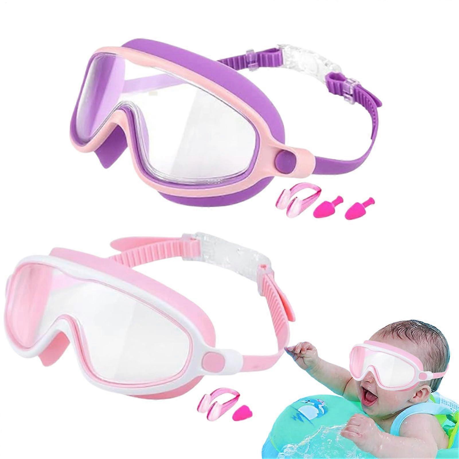 Goggles for Swimming Wide View Kids Swim Goggles AntiFog Nose Clip UV Protection Light Pink