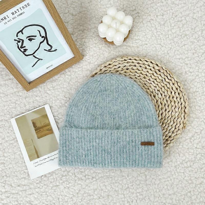 Small Leather Label Alphabet Autumn and Winter Wool Beanie Cap for Women Wool Acrylic Mixed Line Gray Wool Cold Hat